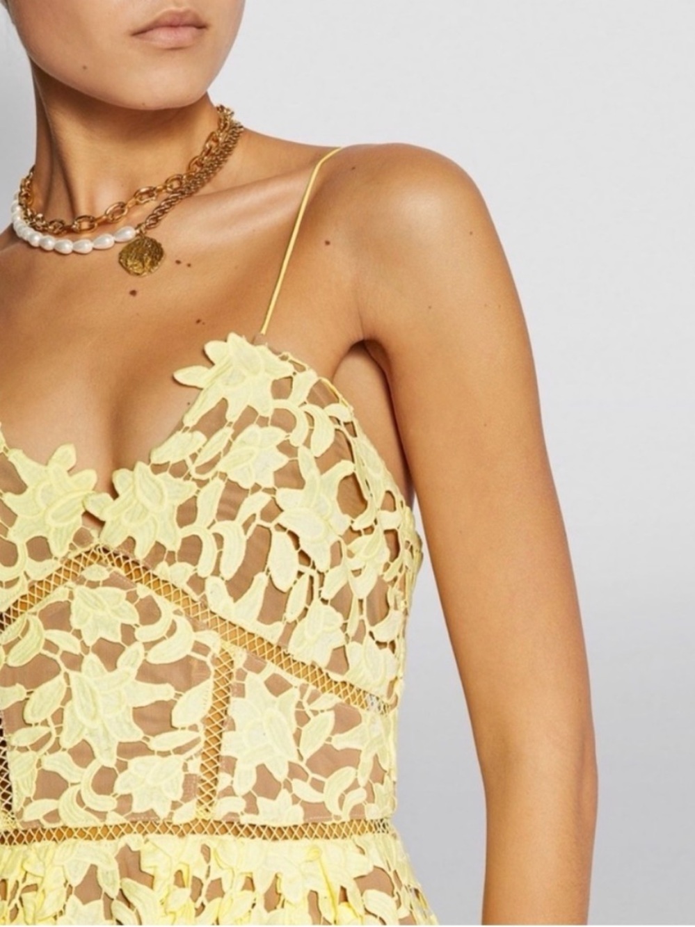 Self-Portrait Lemon Yellow Floral Lace Midi Dress